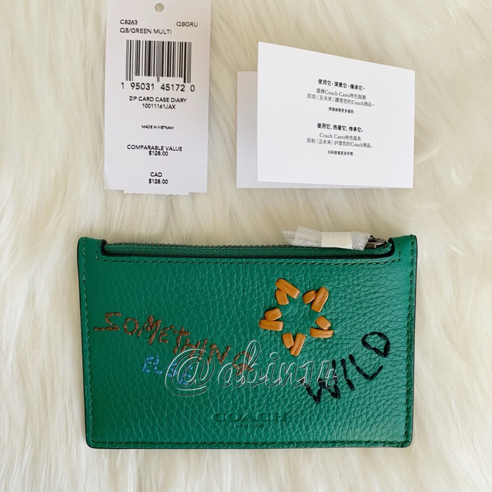NWT Coach Leather Zip Card Case with Diary Embroidery - Picture 3 of 5